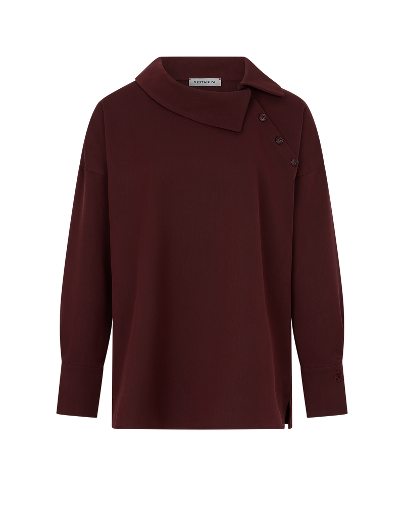 Asymmetric Collar Blouse - Burgundy