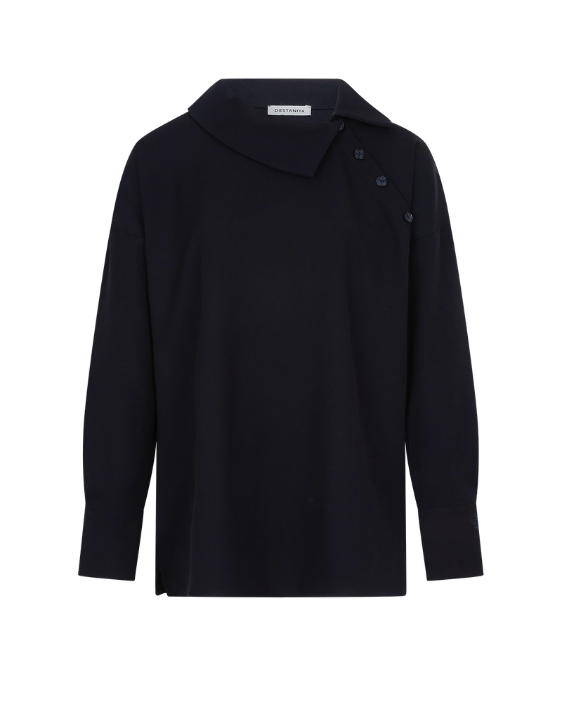 Asymmetric Collar Blouse - Navy Blue