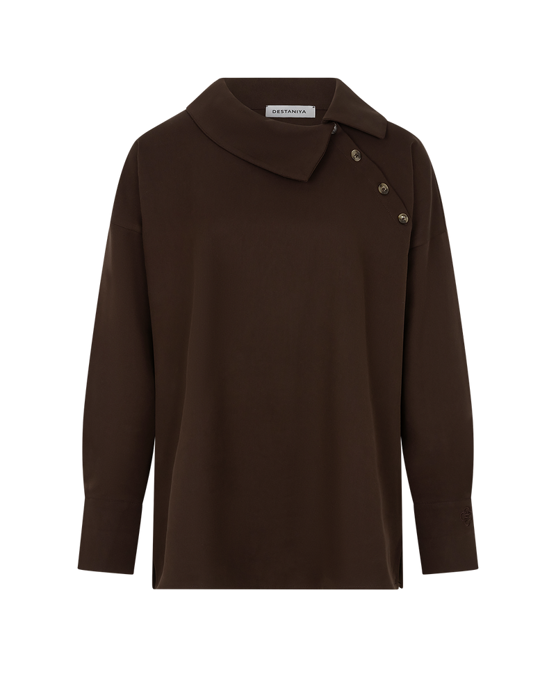Asymmetric Collar Blouse - Chocolate Brown