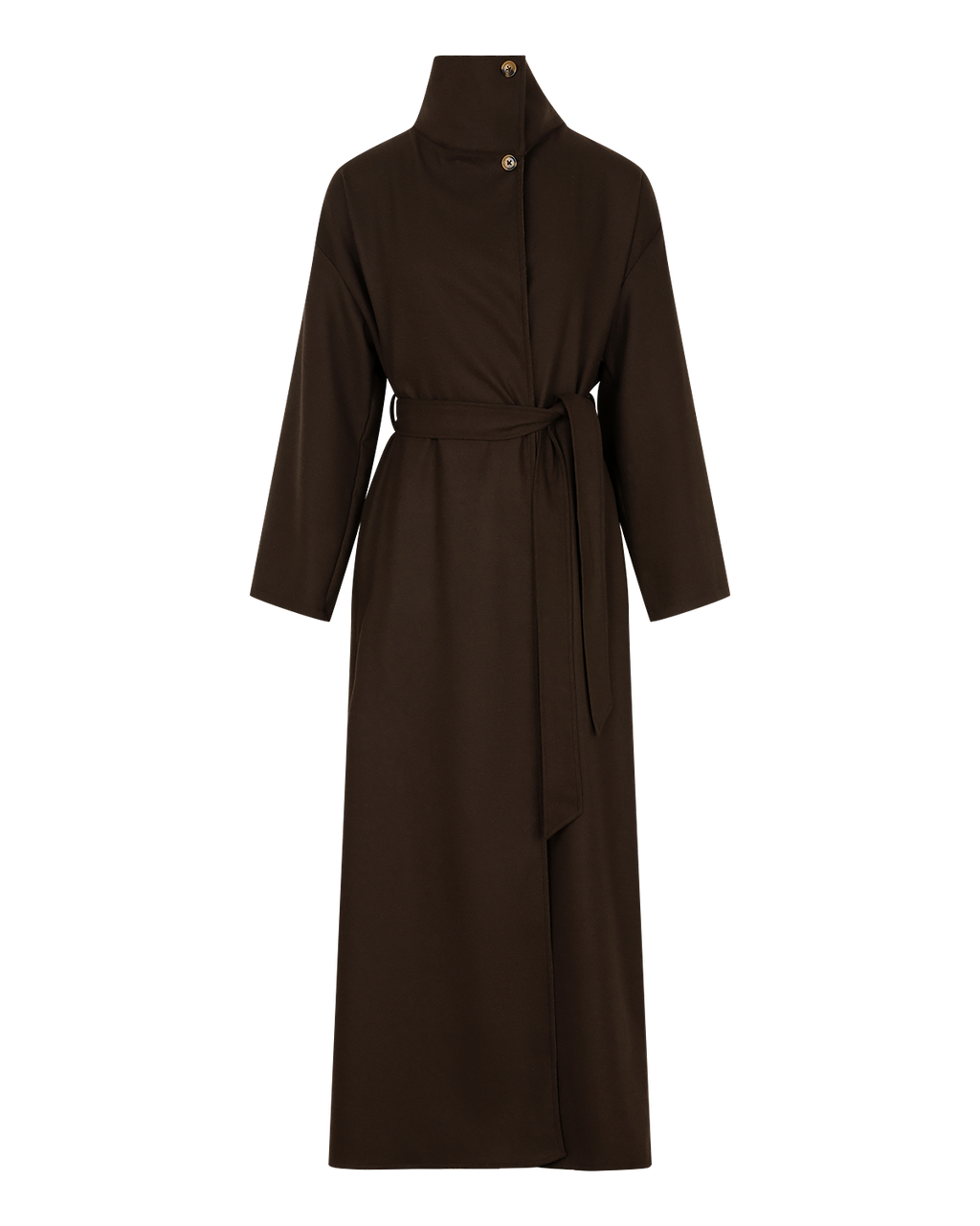 Belted High-Neck Coat in Rich Brown — front
