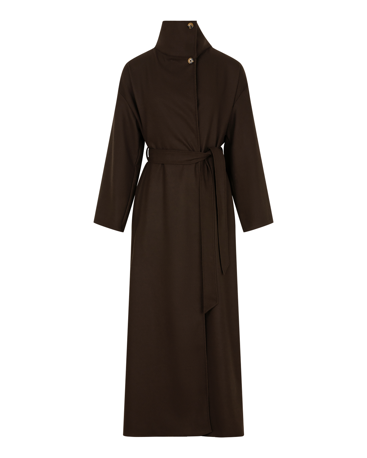 Belted High-Neck Coat in Rich Brown — front