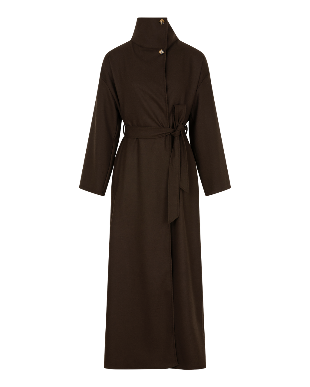 Belted High-Neck Coat in Rich Brown — front alternate
