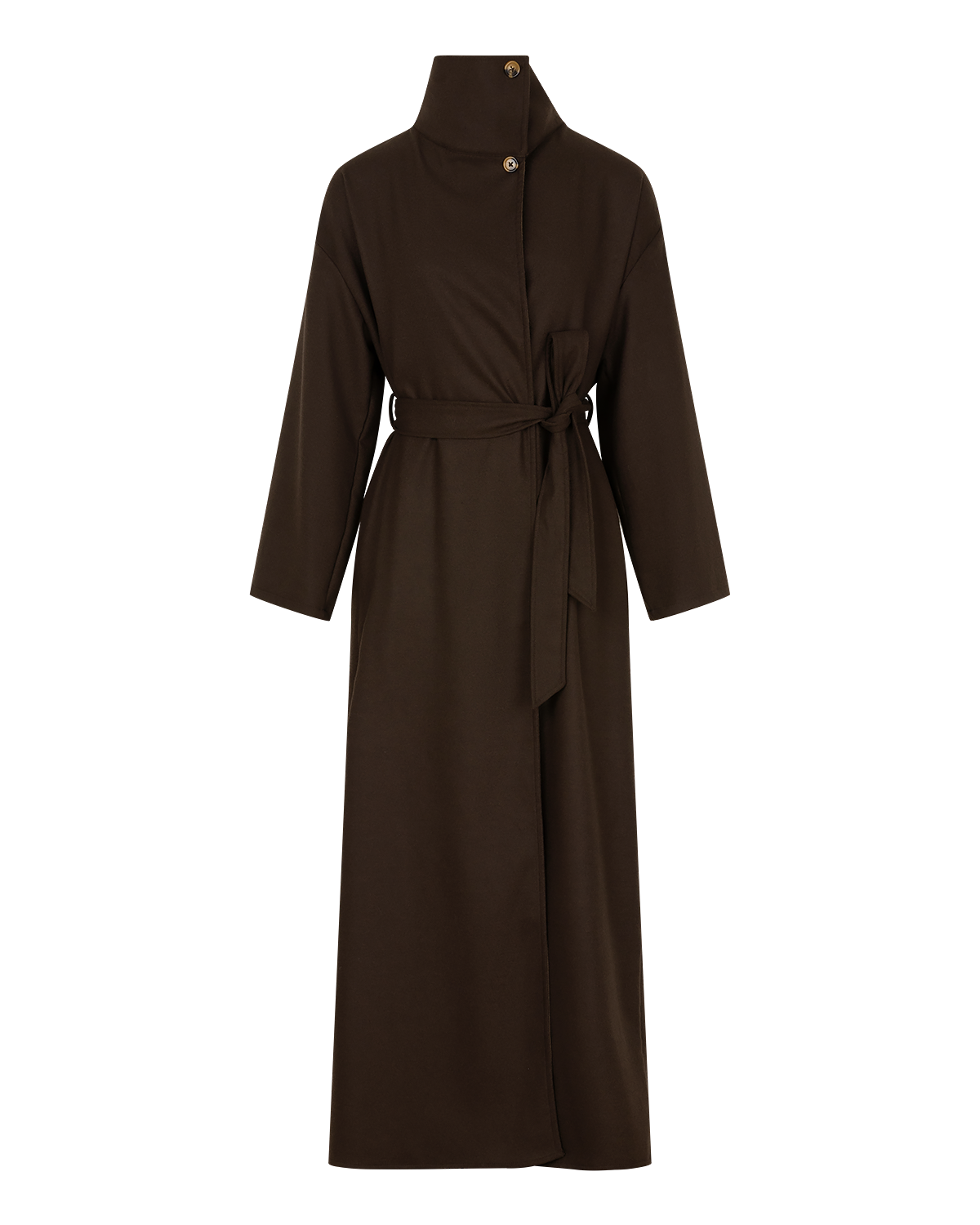 Belted High-Neck Coat in Rich Brown — front alternate