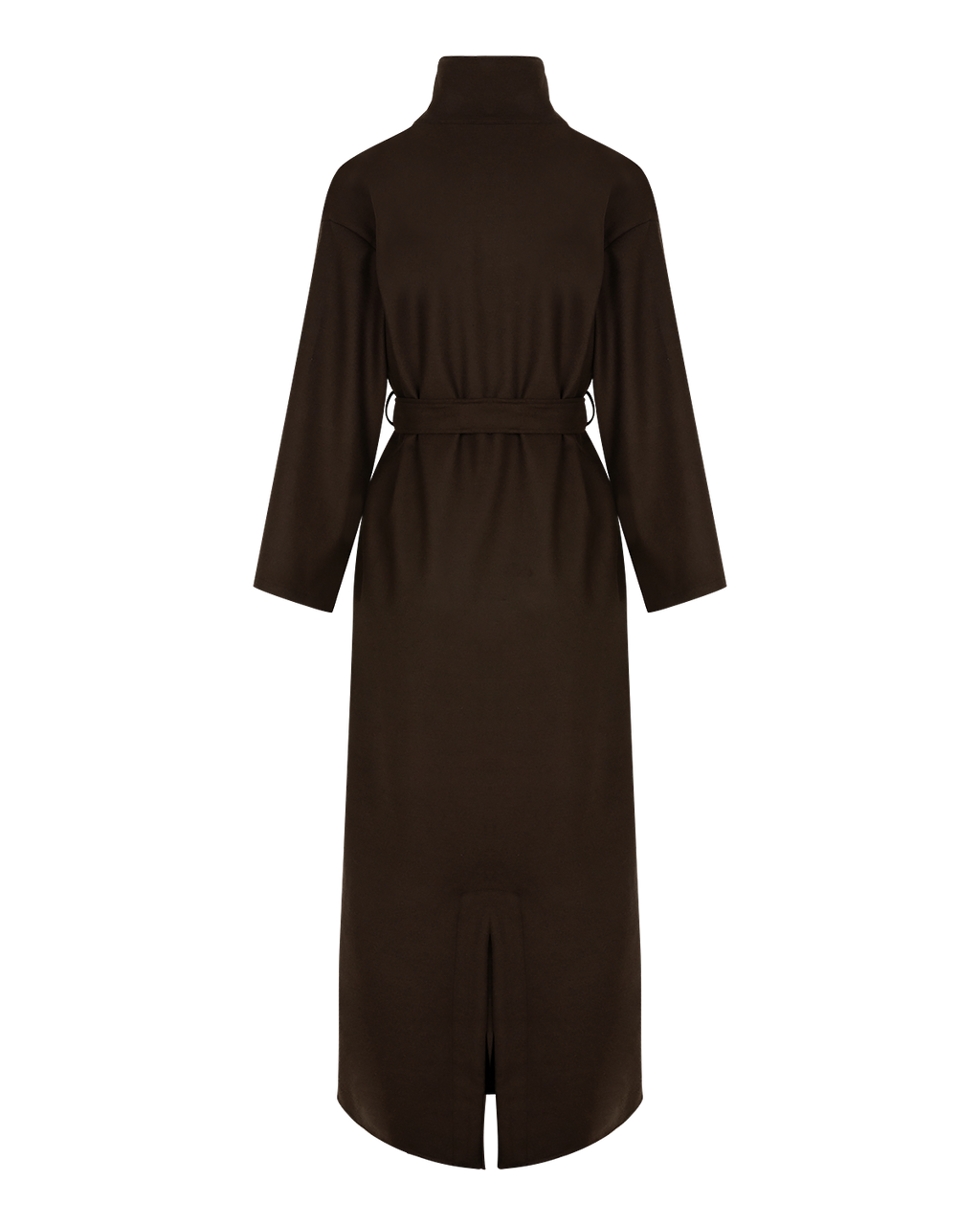 Belted High-Neck Coat in Rich Brown — back