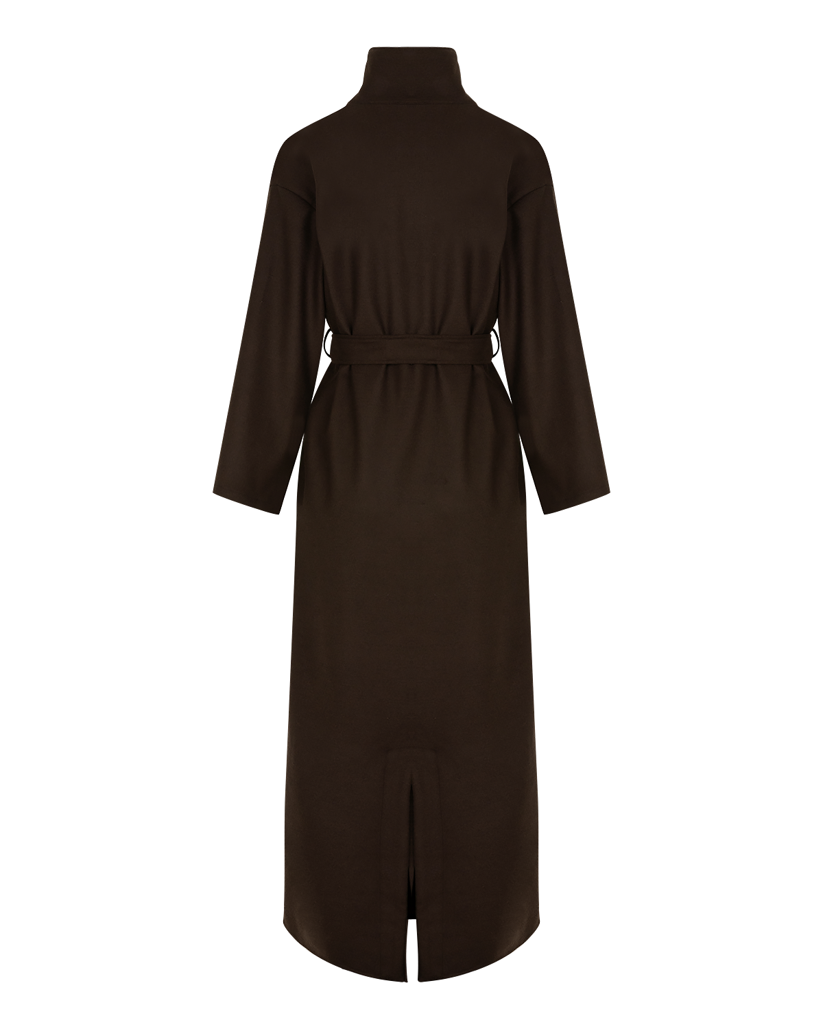 Belted High-Neck Coat in Rich Brown — back
