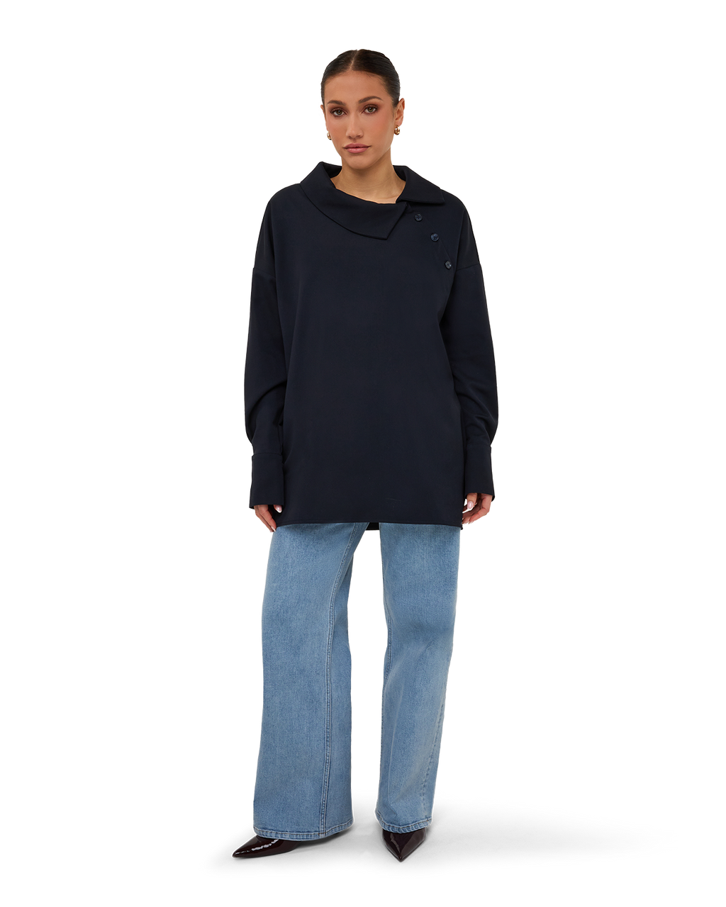 Asymmetric Collar Blouse - Navy Blue
