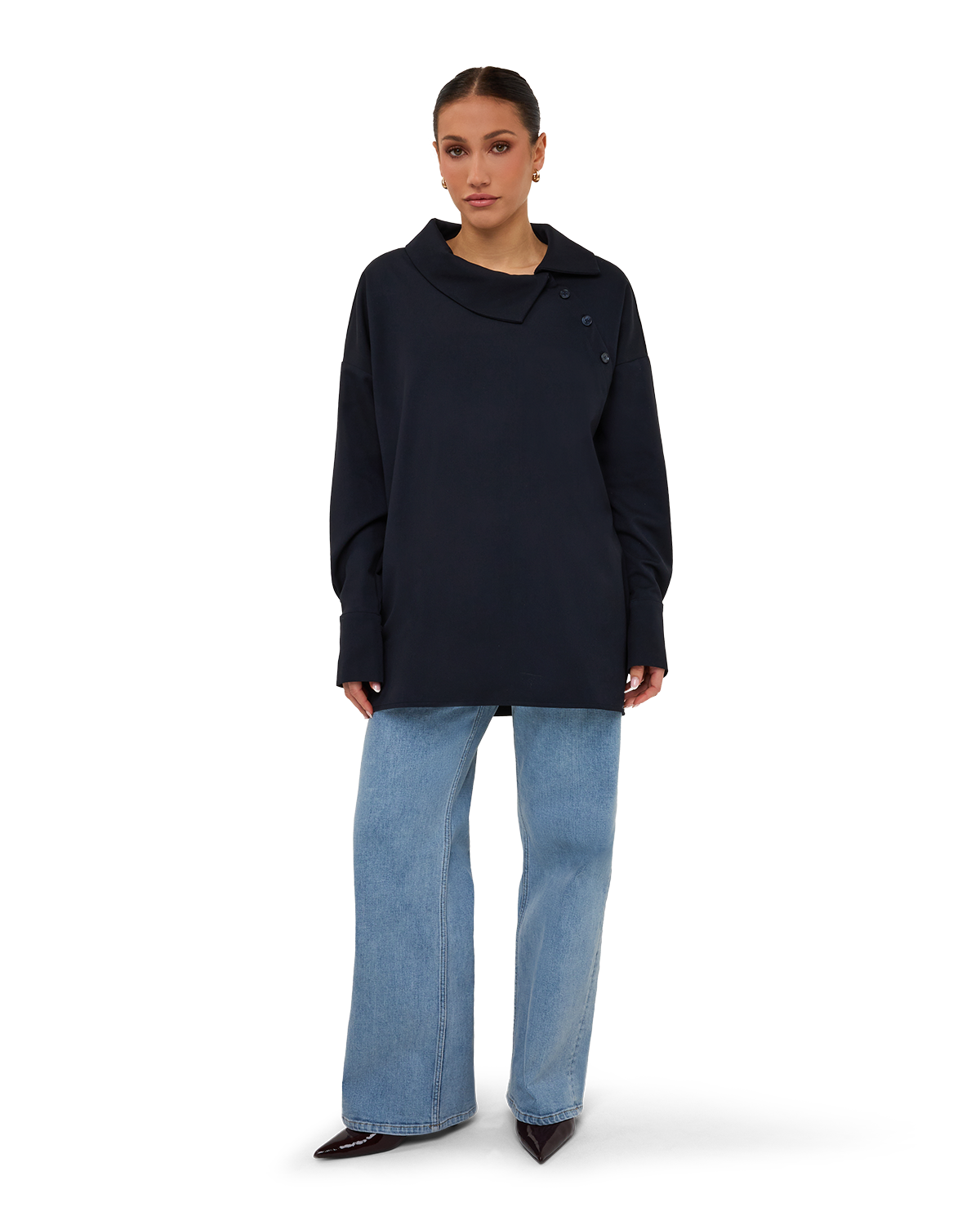 Asymmetric Collar Blouse - Navy Blue