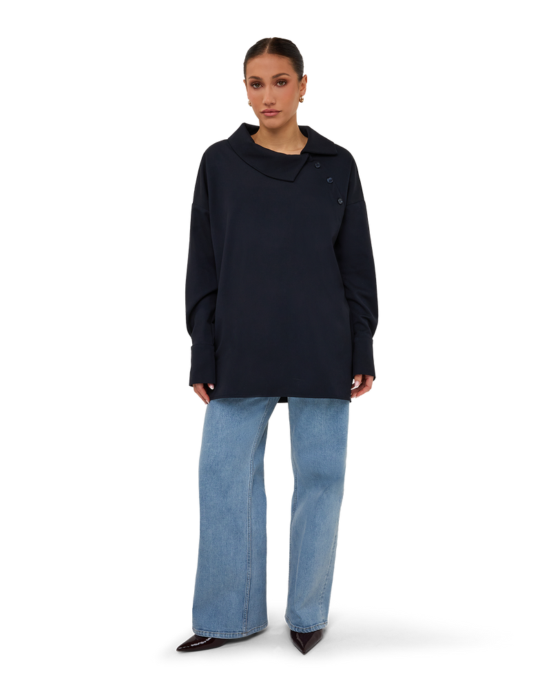 Asymmetric Collar Blouse - Navy Blue