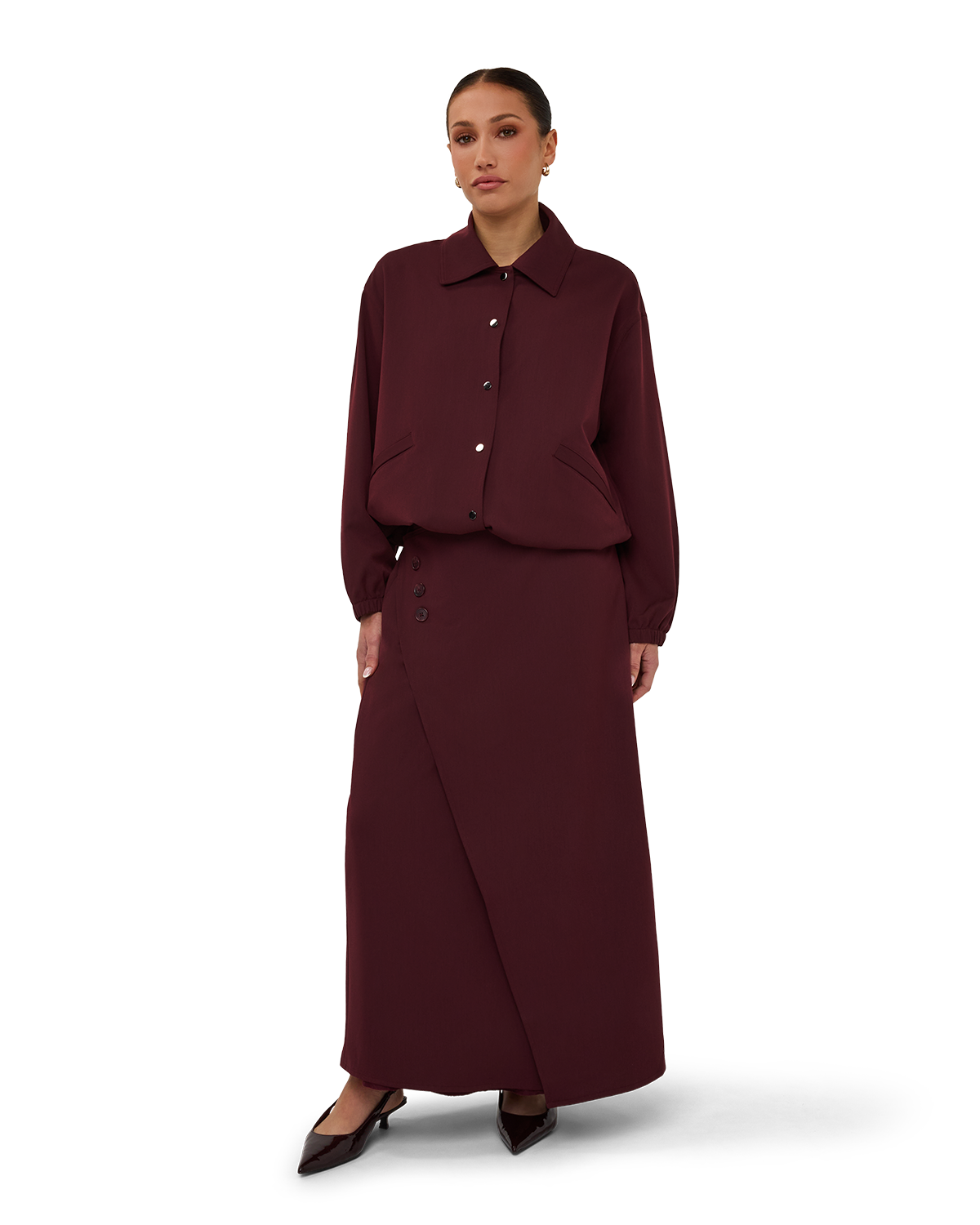 Asymmetric Wrap Maxi Skirt - Burgundy