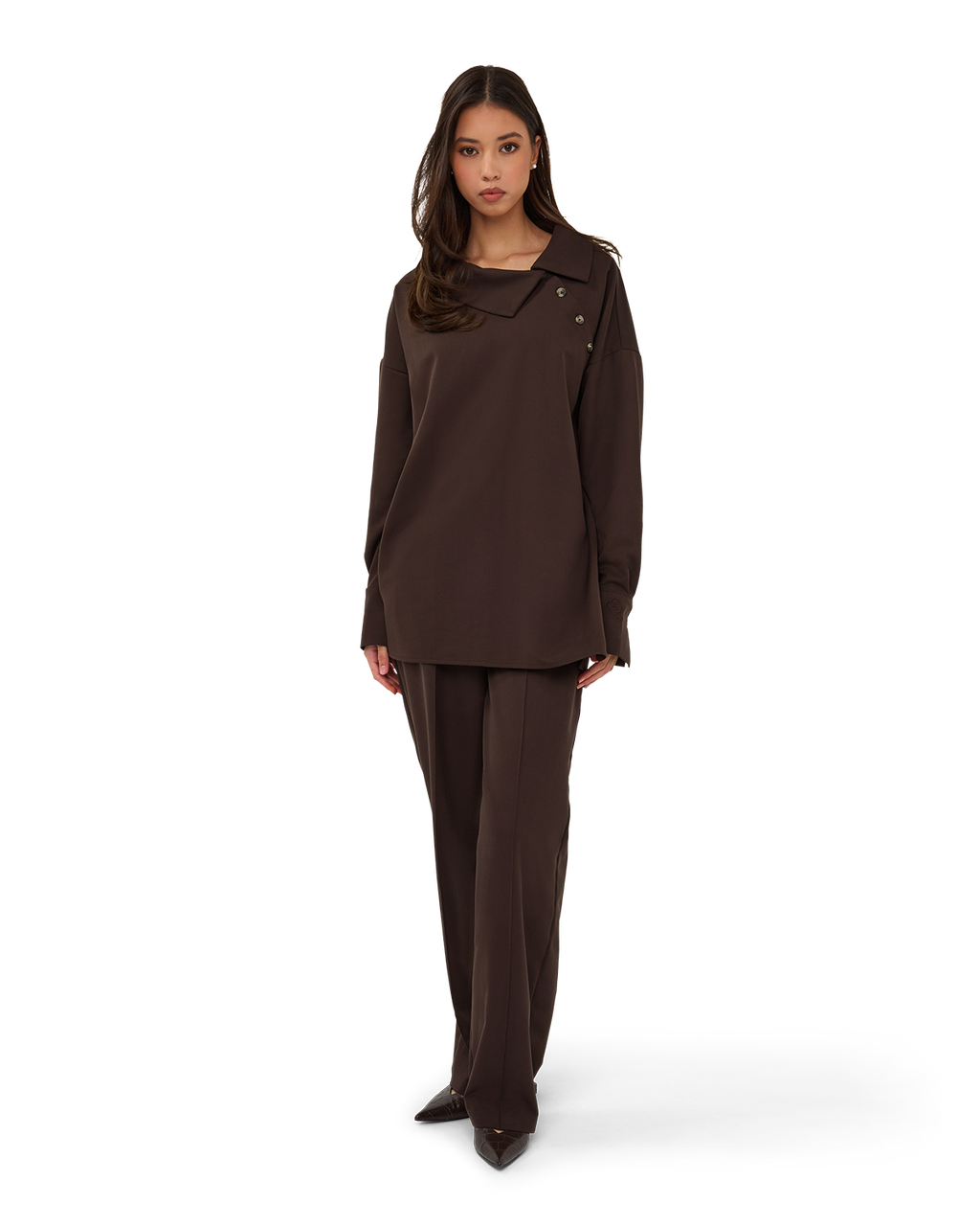 Asymmetric Collar Blouse - Chocolate Brown