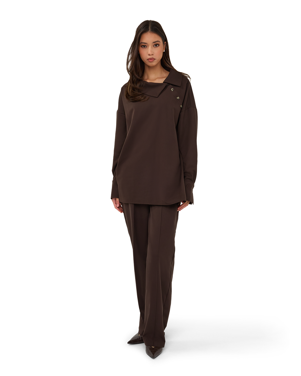Asymmetric Collar Blouse - Chocolate Brown
