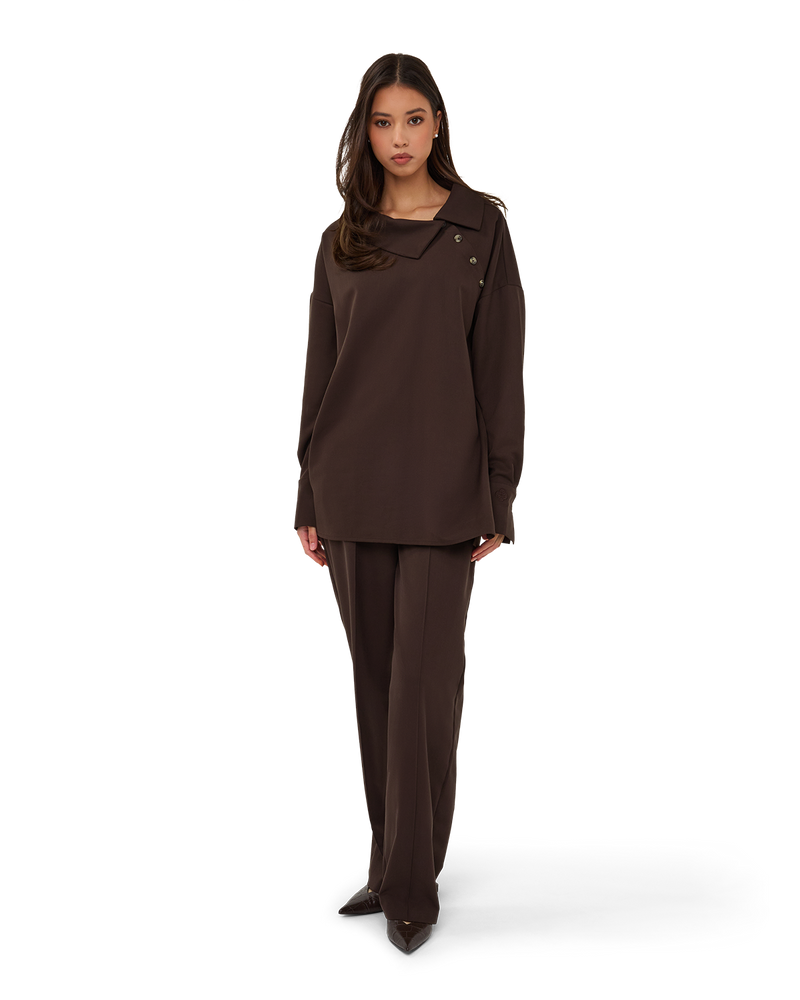 Asymmetric Collar Blouse - Chocolate Brown