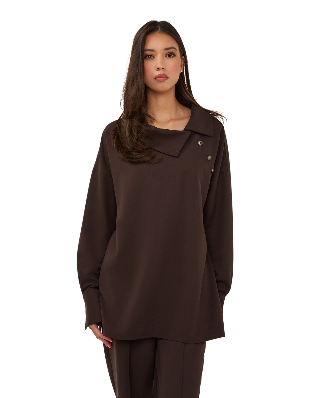 Asymmetric Collar Blouse - Chocolate Brown