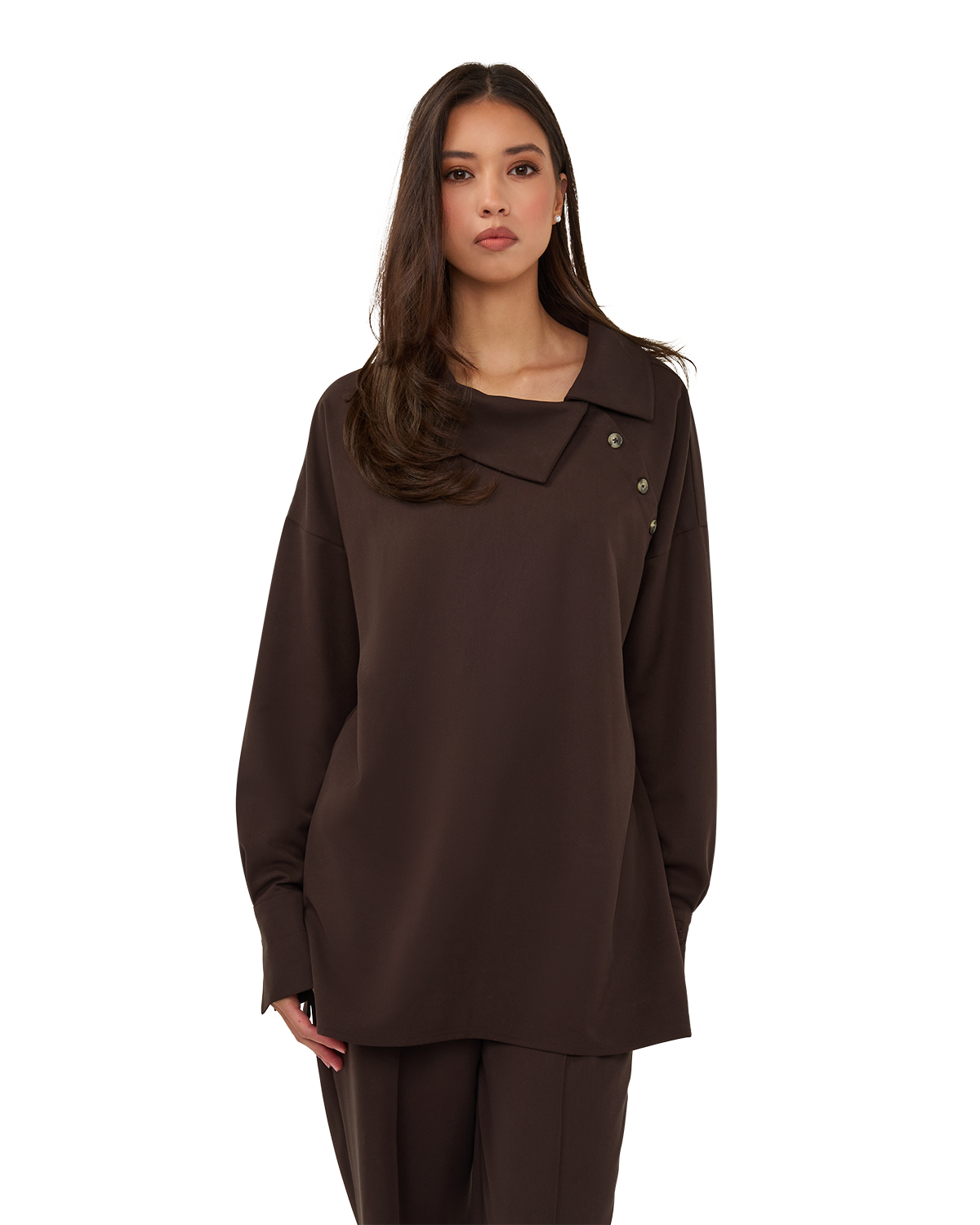 Asymmetric Collar Blouse - Chocolate Brown