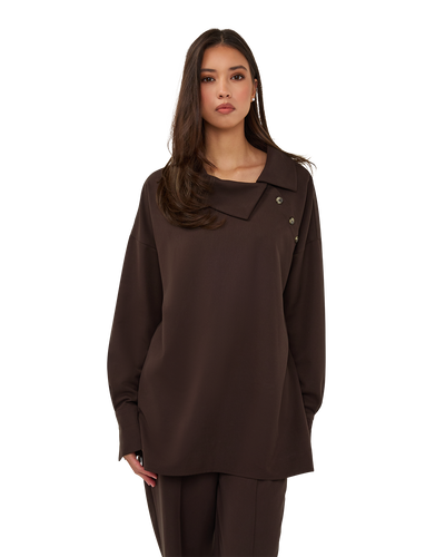 Asymmetric Collar Blouse - Chocolate Brown