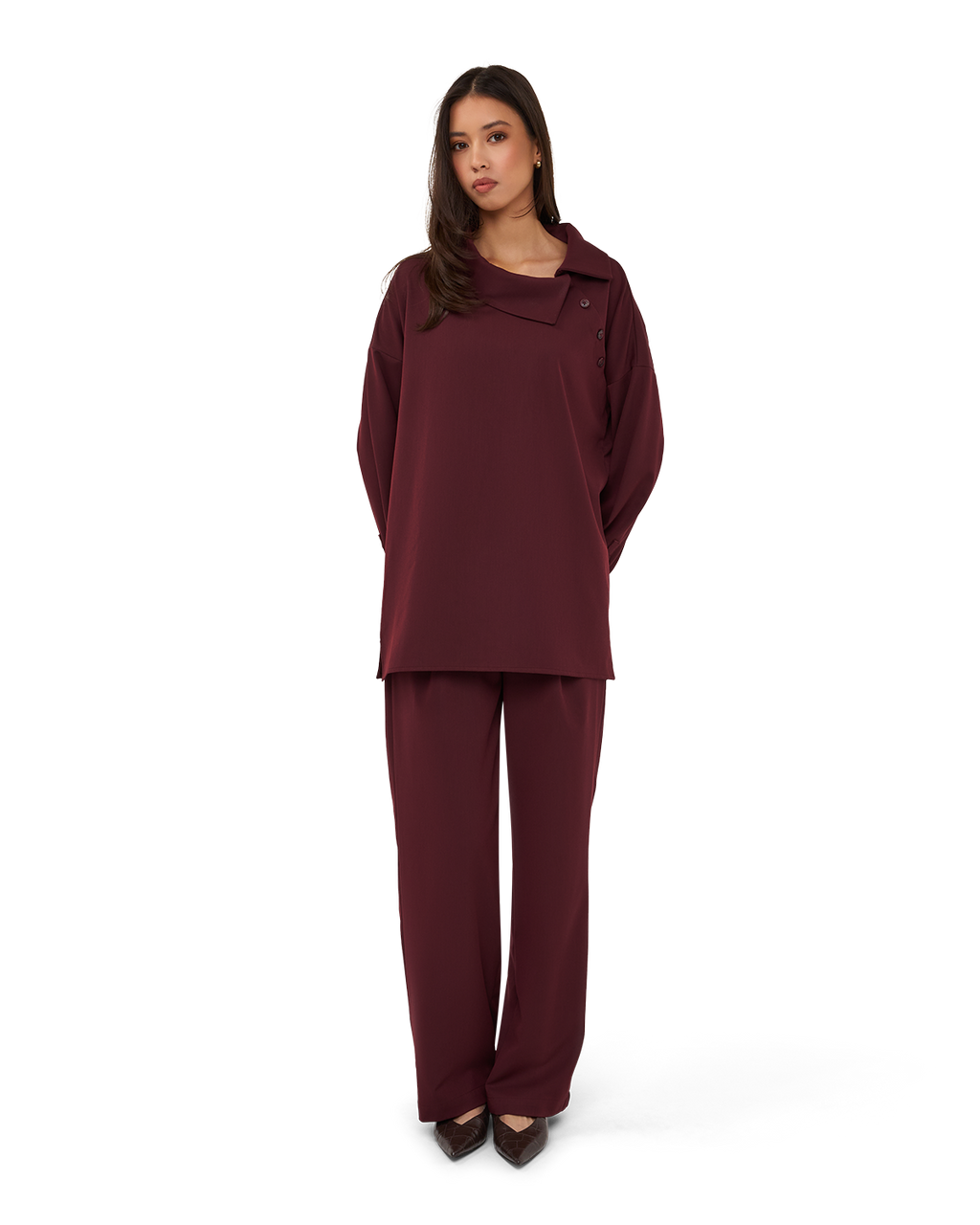 Asymmetric Collar Blouse - Burgundy
