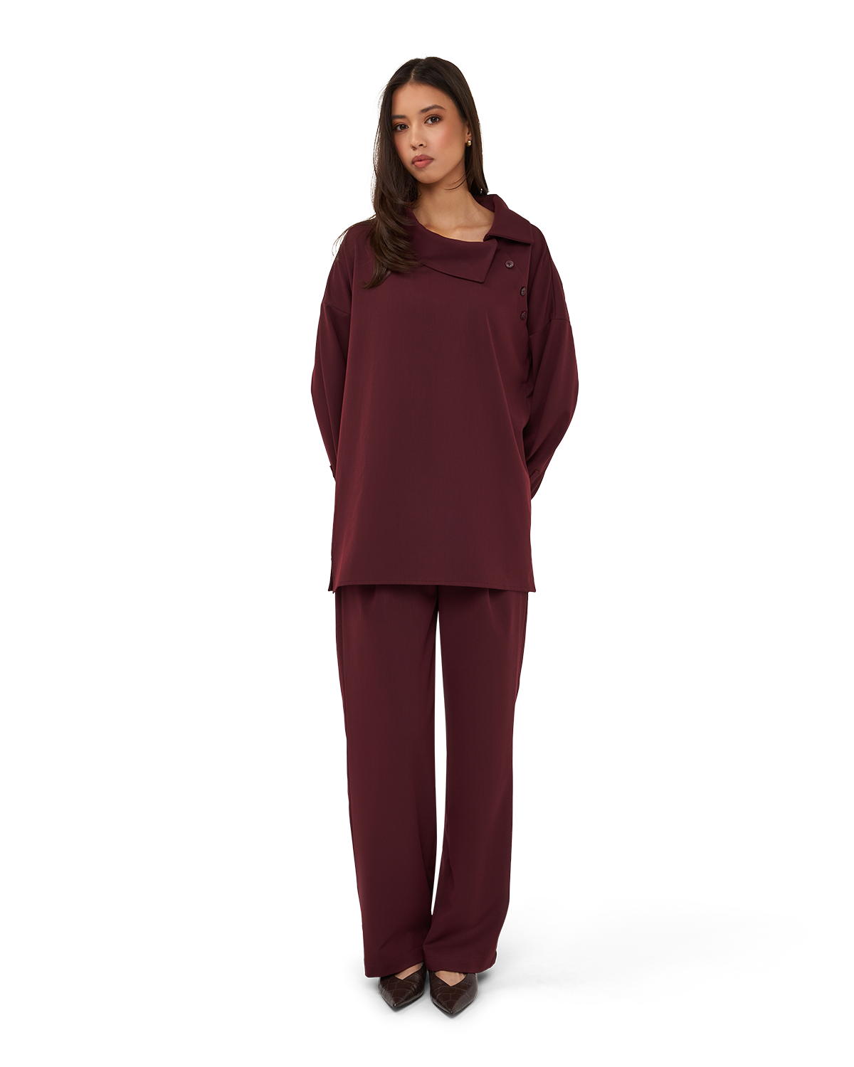 Asymmetric Collar Blouse - Burgundy