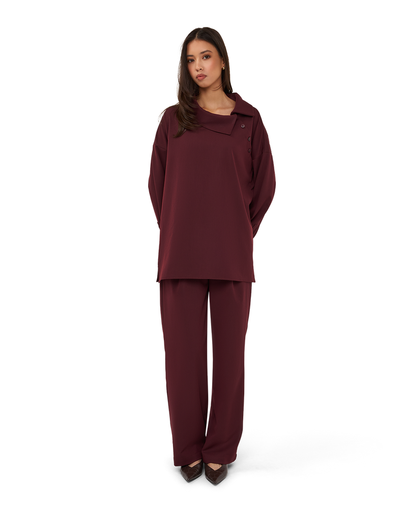 Asymmetric Collar Blouse - Burgundy