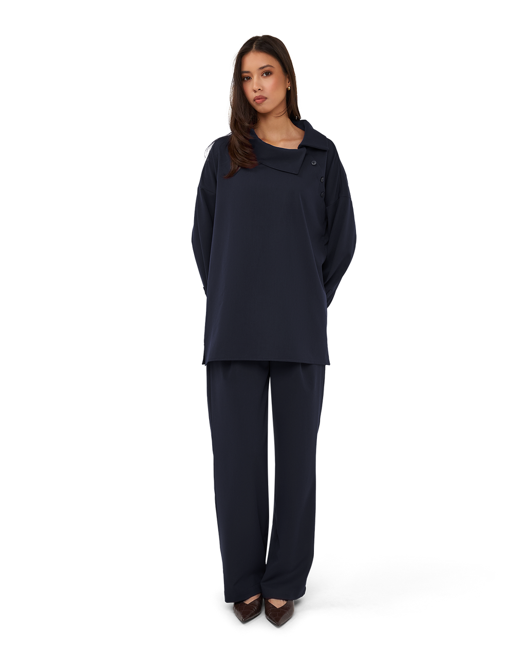 Asymmetric Collar Blouse - Navy Blue