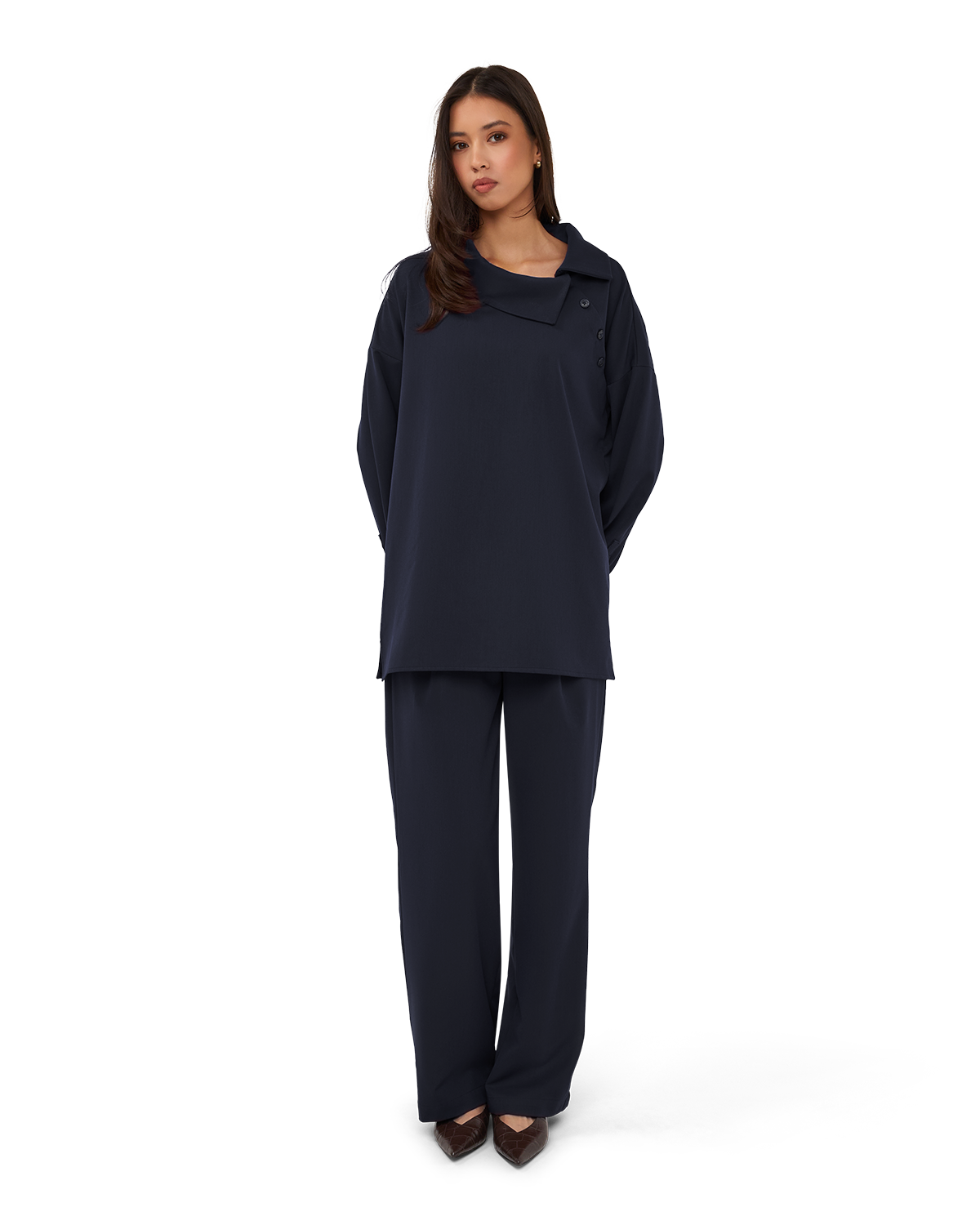 Asymmetric Collar Blouse - Navy Blue