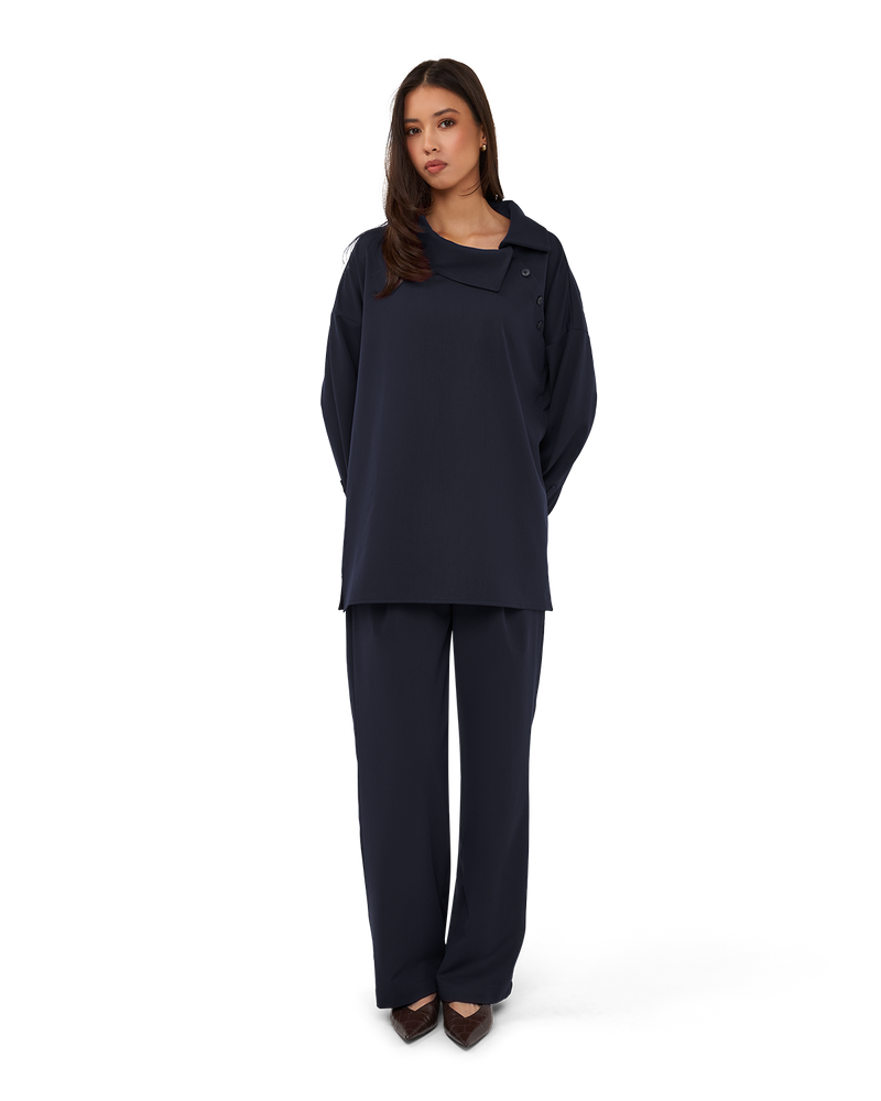 Asymmetric Collar Blouse - Navy Blue
