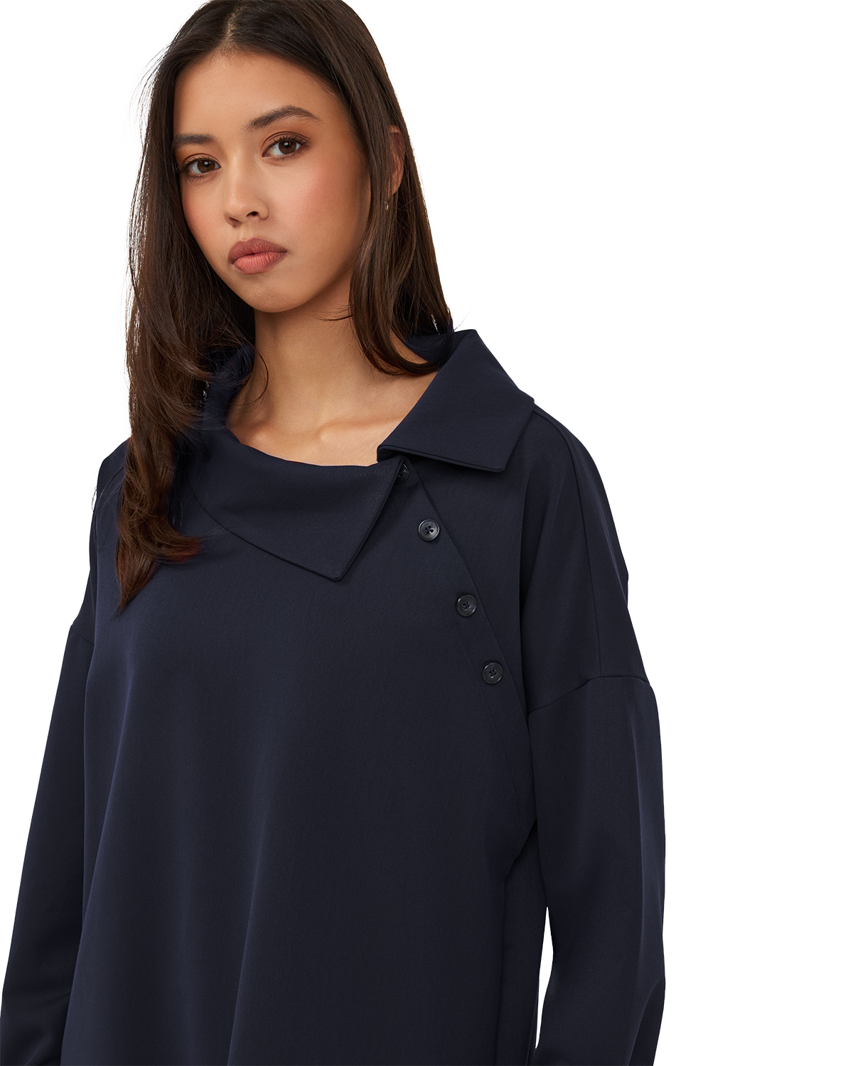 Asymmetric Collar Blouse - Navy Blue