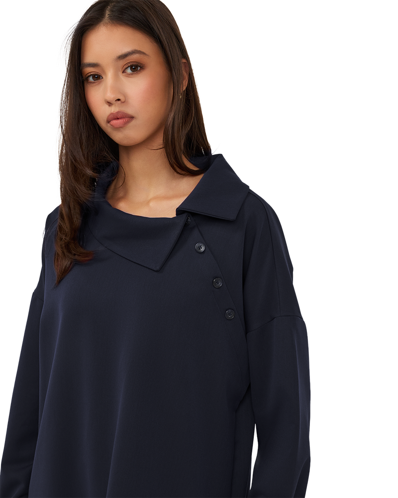 Asymmetric Collar Blouse - Navy Blue