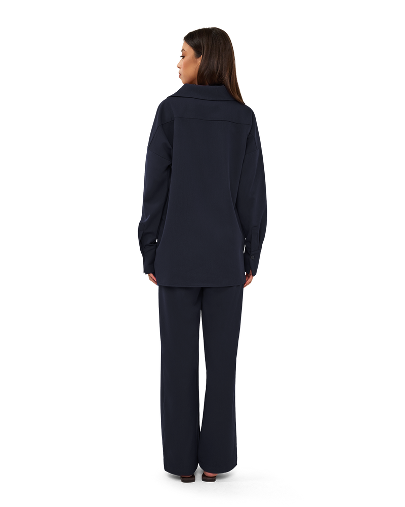 Asymmetric Collar Blouse - Navy Blue