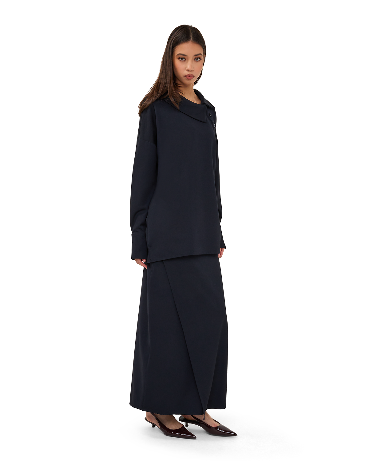 Asymmetric Wrap Maxi Skirt - Navy Blue