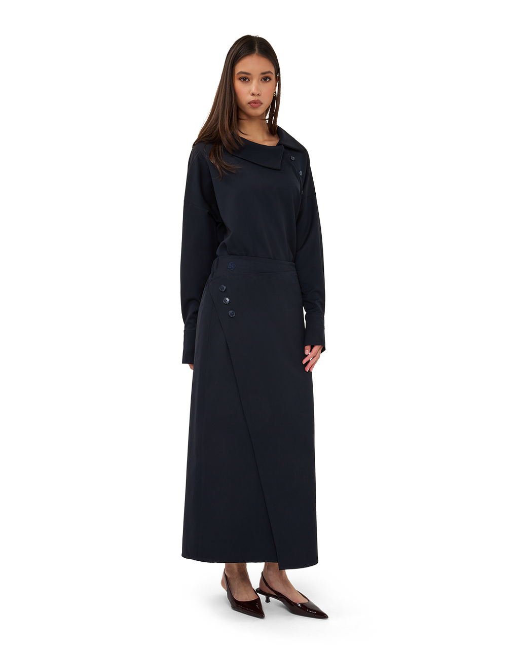 Asymmetric Wrap Maxi Skirt - Navy Blue