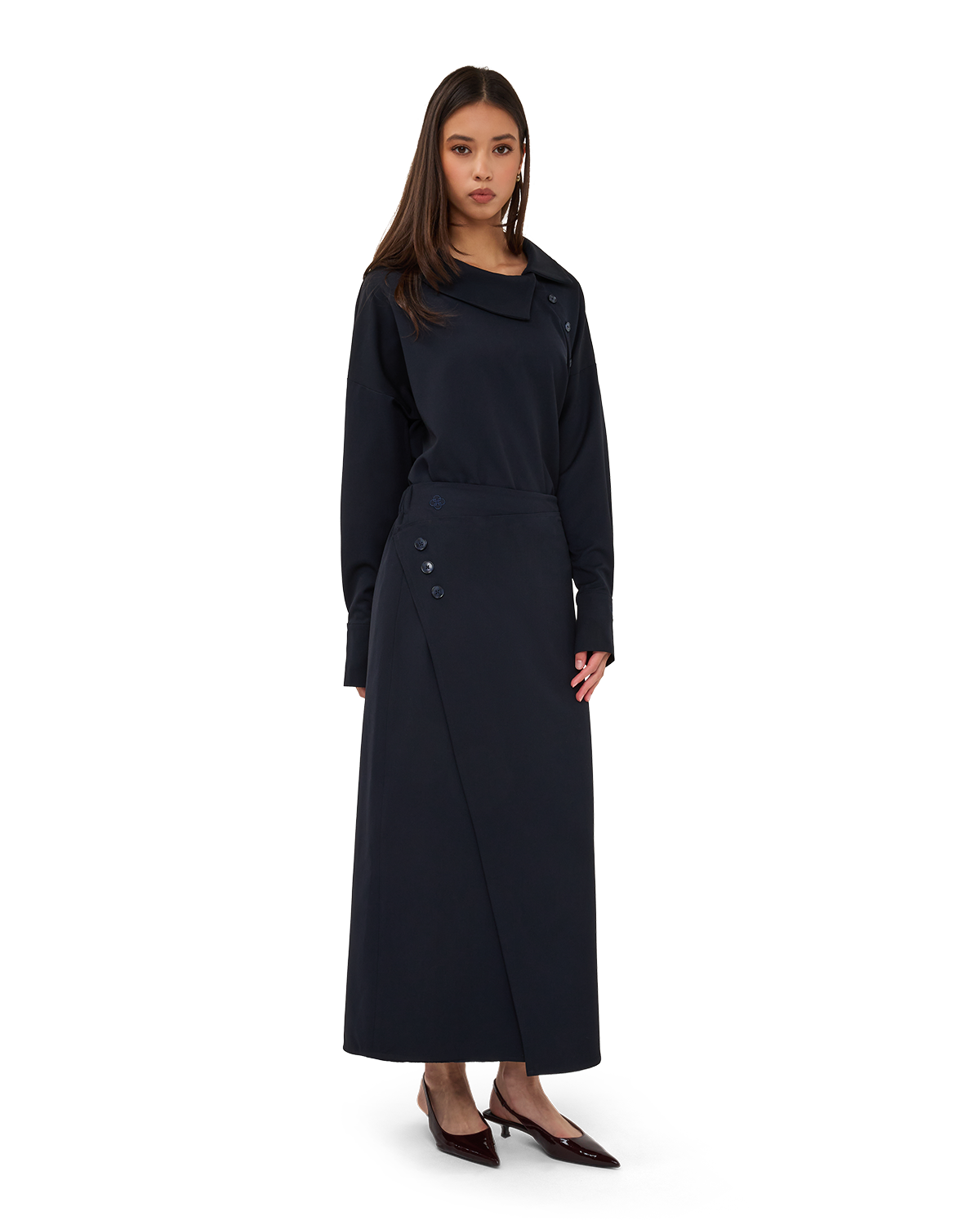 Asymmetric Wrap Maxi Skirt - Navy Blue