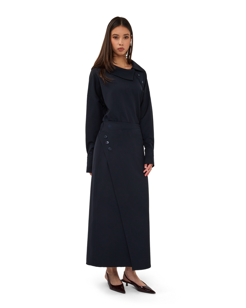 Asymmetric Wrap Maxi Skirt - Navy Blue
