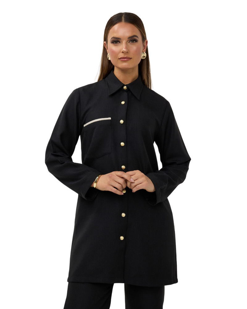 Tweed Button-Down Blouse - Black